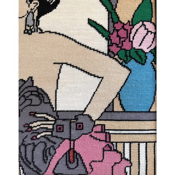 Framed Needlepoint Vintage Embroidery Art Deco Nouveau Flapper Woman Floral Glam - Picture 5 of 16